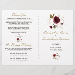 Whimsical Burgundy Gold Blume Hochzeitsprogramm