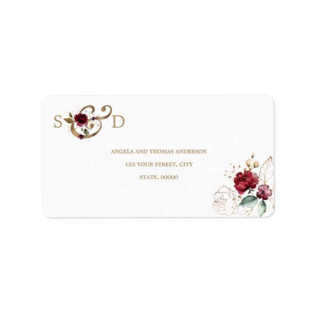 Whimsical Burgundy Gold Blume Monogram Wedding Adressaufkleber (Vorne)