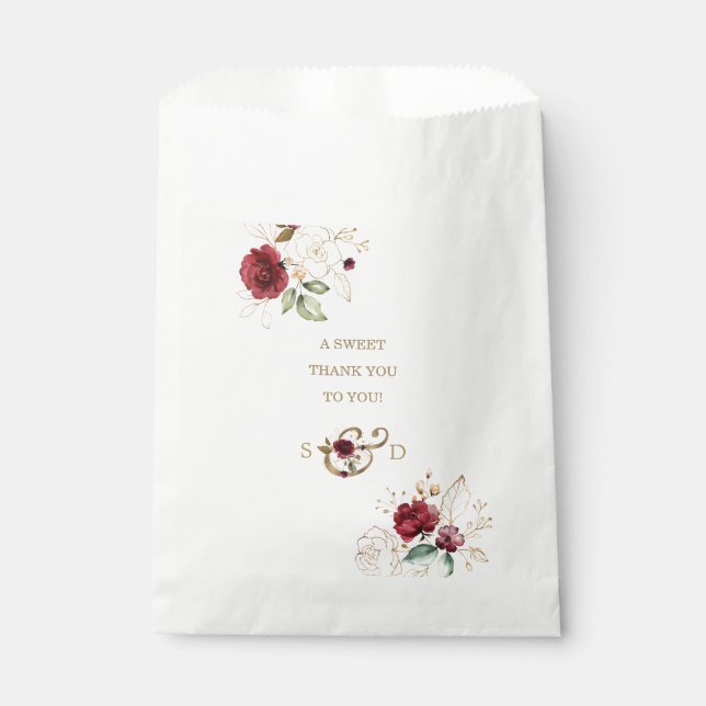 Whimsical Burgundy Gold Blume Monogram Wedding Geschenktütchen (Vorderseite)