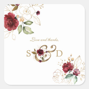 Whimsical Burgundy Gold Blume Monogram Wedding Quadratischer Aufkleber