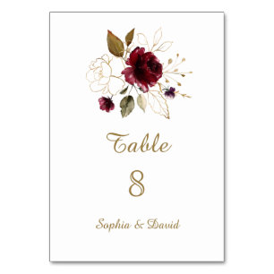 Whimsical Burgundy Gold Floral Tischnummer