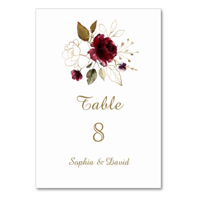 Whimsical Burgundy Gold Floral Tischnummer (Vorderseite)