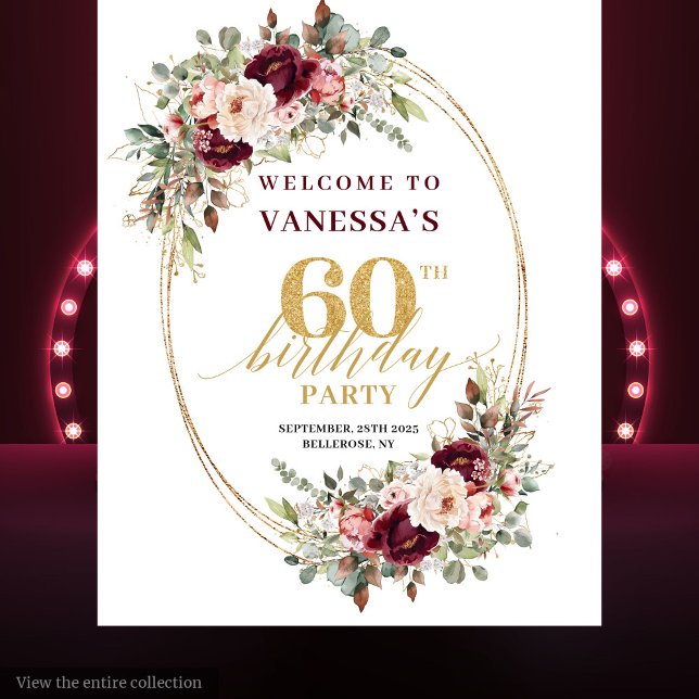 Whimsical Burgundy Gold Greenery 60th Birthday  Wandteppich (Whimsical Burgundy Gold Greenery 60th Birthday Banner)