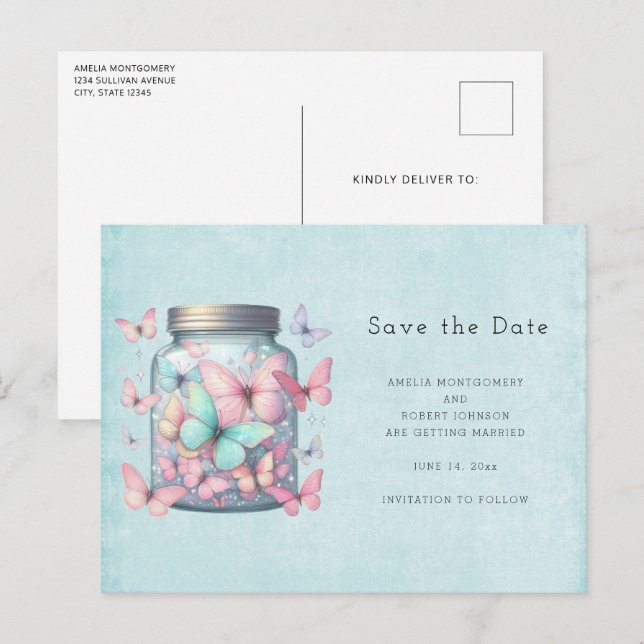 Whimsical Butterflies in a Jar Ankündigungspostkarte (Vorne/Hinten)