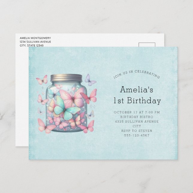 Whimsical Butterflies in a Jar Birthday Einladungspostkarte (Vorne/Hinten)