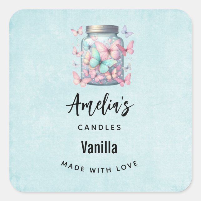 Whimsical Butterflies in a Jar - Candle Business Quadratischer Aufkleber (Vorderseite)