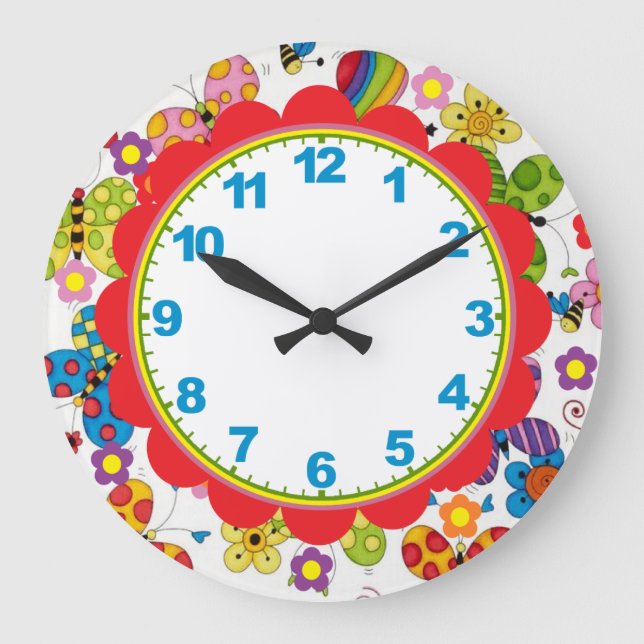 Whimsical Butterflies Kinderuhr mit Zahlen Große Wanduhr (Vorderseite)