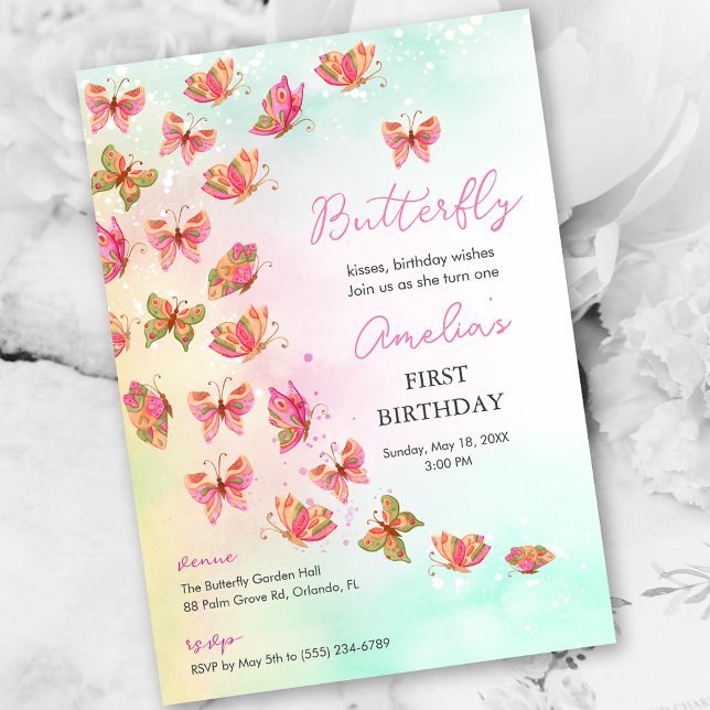 Whimsical Butterfly Baby Girl 1st Birthday Invite Einladung (Whimsical Butterfly Baby Girl 1st Birthday Invitation)