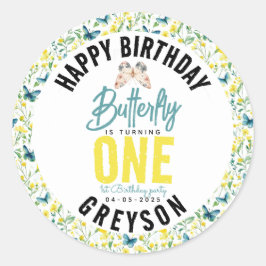Whimsical Butterfly Floral 1. Geburtstag Runder Aufkleber