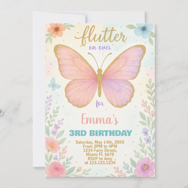 Whimsical Butterfly zum Geburtstag Einladung (Vorderseite)