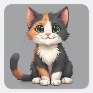 Whimsical Calico Kitten mit Cattitude Quadratischer Aufkleber