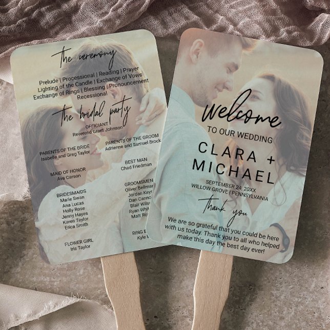 Whimsical Calligraphy Faded Foto Wedding Program Fächer (Von Creator hochgeladen)