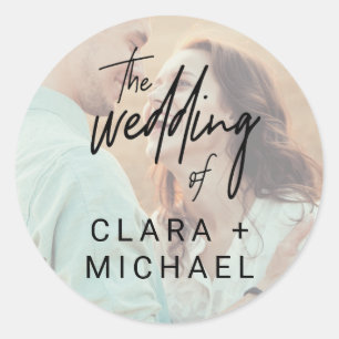 Whimsical Calligraphy Foto Wedding Umschlag Aufkle Runder Aufkleber