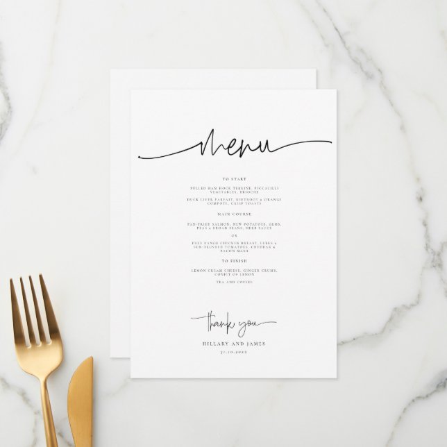 Whimsical Calligraphy Modern Wedding Dinner Menükarte (Vorderseite/Rückseite Beispiel)