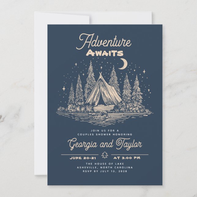 Whimsical Camping Couples Shower Adventure Awaits  Einladung (Vorderseite)