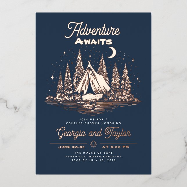Whimsical Camping Couples Shower Adventure Awaits Folieneinladung (Vorderseite)