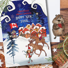 Whimsical Canadian Village & Moose New Year Feiertagskarte