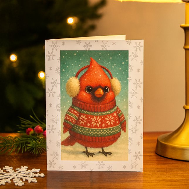 Whimsical Cardinal mit Ohrenschützern Weihnachten  Karte (Whimsical cardinal holiday card festive, cozy, and perfect for winter greetings or gifts.)