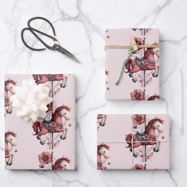 Whimsical Carousel Horse Image Pattern Geschenkpapier Set (Vorderseite)