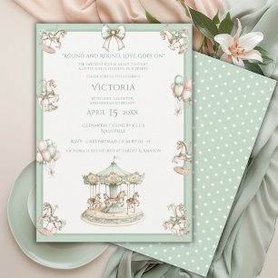 Whimsical Carousel Sage-Grün Baby Shower Einladung