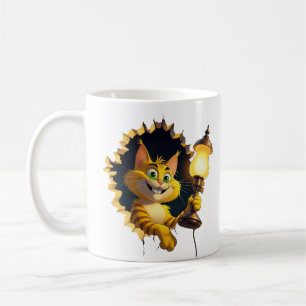 Whimsical Cartoon Cat Holen einer Lampe durch eine Kaffeetasse