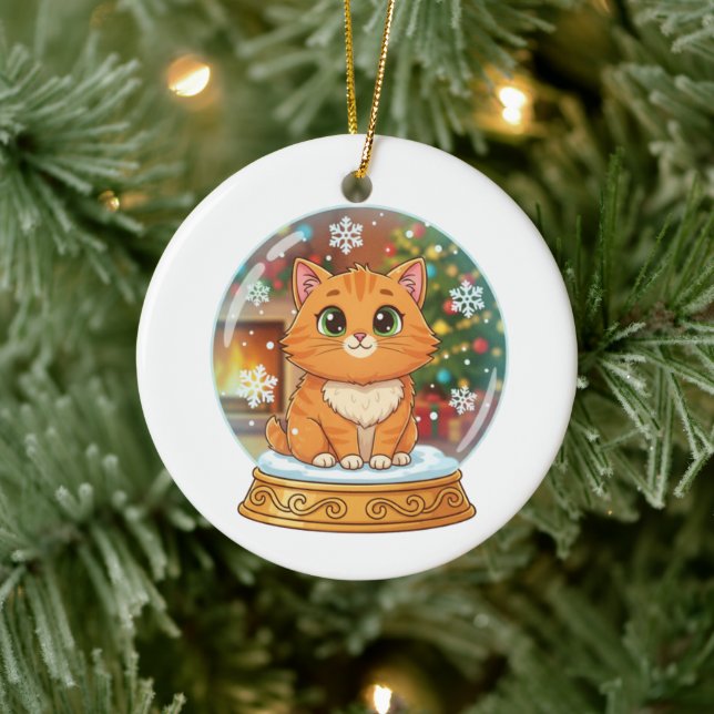 Whimsical Cartoon Cat in Snow Globe Christmas  Keramik Ornament (Baum)