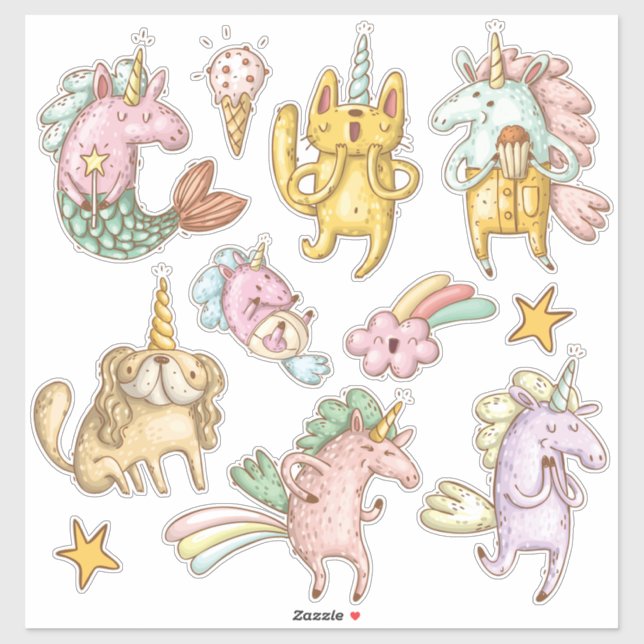 Whimsical Cartoon Doodle Unicorns Illustrationen Aufkleber (Blatt)