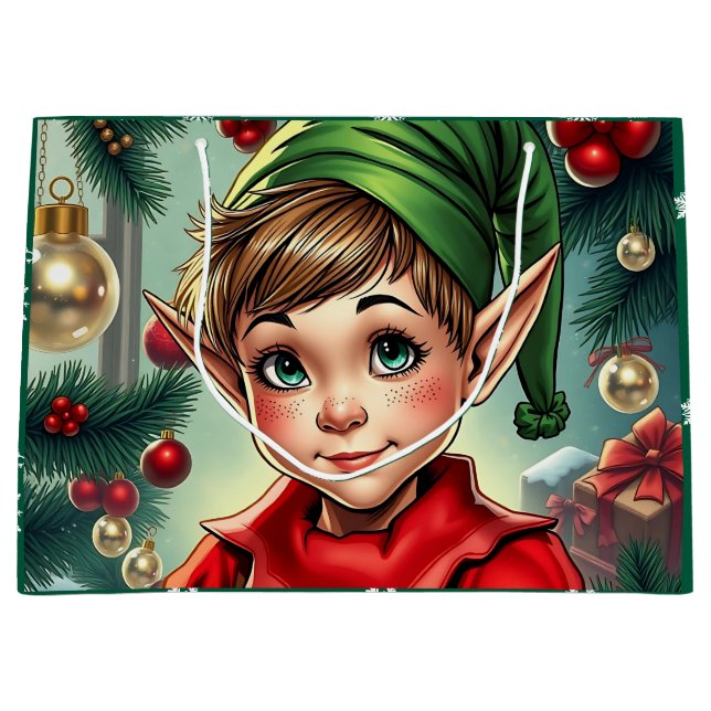 Whimsical Cartoon Elf | Christmas Große Geschenktüte (Vorderseite)