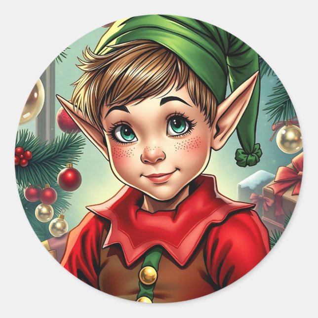 Whimsical Cartoon Elf | Christmas Runder Aufkleber (Vorderseite)