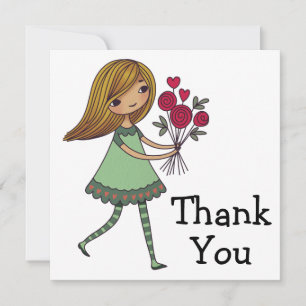 Whimsical Cartoon Mädchen mit einem Strauß Rosen  Dankeskarte