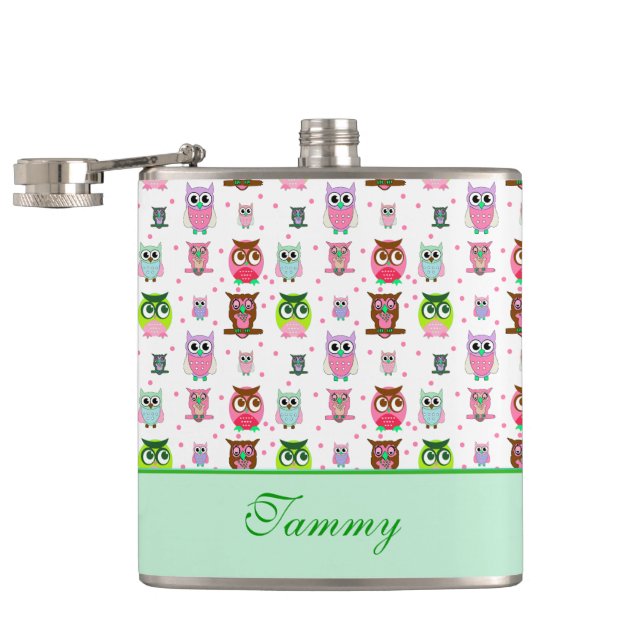Whimsical Cartoon Owls Drink Flasche Flachmann (Geöffnet)