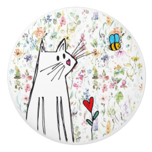 Whimsical Cat and Bee Door Knob Keramikknauf