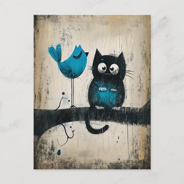 Whimsical Cat and Bird auf einer Zweigstelle Postkarte (Vorderseite)