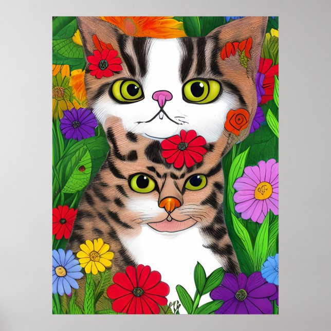 Whimsical Cat and Kitten Folk Colorful Poster (Vorne)