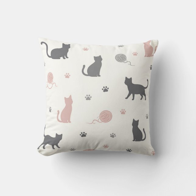 Whimsical Cat and Yarn Silhouette Pattern Kissen (Vorderseite)