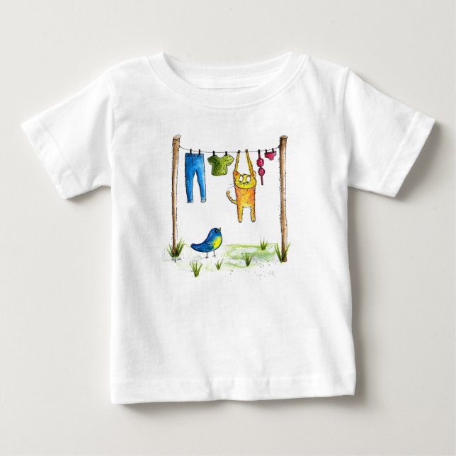 Whimsical Cat auf einer Wäscheleine Baby T-shirt (Vorderseite)