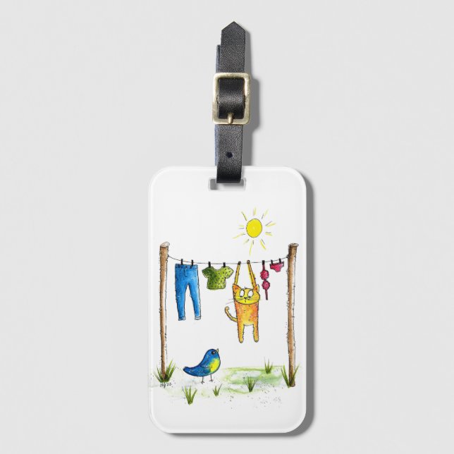 Whimsical Cat auf einer Wäscheleine Gepäckanhänger (Vorderseite Vertikal)
