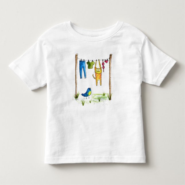 Whimsical Cat auf einer Wäscheleine Kleinkind T-shirt (Vorderseite)