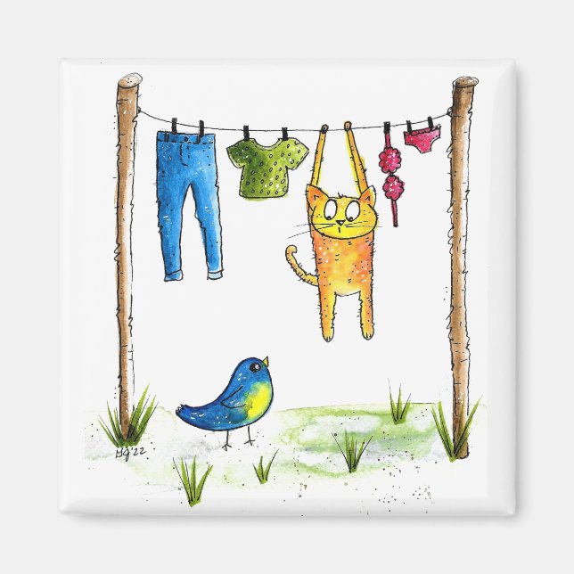 Whimsical Cat auf einer Wäscheleine Magnet (Vorne)