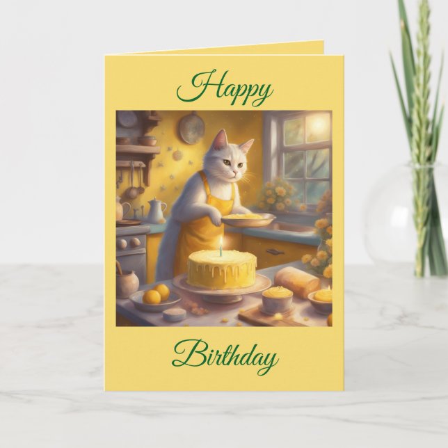 Whimsical Cat backt Geburtstagskuchen Karte (Vorderseite)