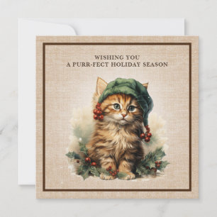 Whimsical Cat Elf Hat Holly Berries Burlap Feiertagskarte