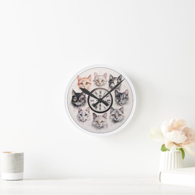 Whimsical Cat Faces Charming Feline Design Runde Wanduhr (Zuhause)