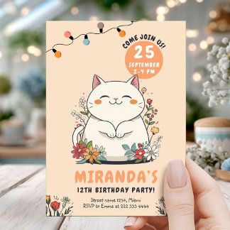 Whimsical Cat Floral Pastel Geburtstag Einladung