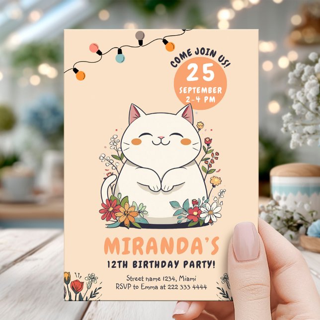 Whimsical Cat Floral Pastel Geburtstag Einladung (Von Creator hochgeladen)