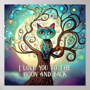 Whimsical Cat Full Moon Artwork I Liebe You Poster