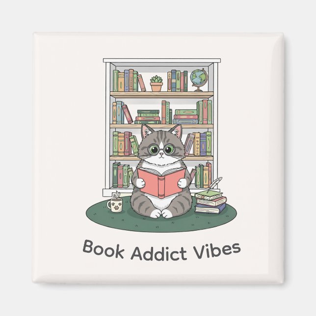 Whimsical Cat Glasses Reading Bookshelf Cute Decor Magnet (Vorne)