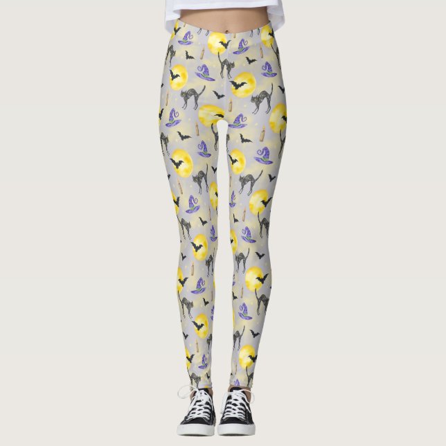 Whimsical Cat & Hexenhut Halloween Leggings (Vorderseite)