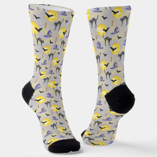 Whimsical Cat & Hexenhut Halloween Socken (Gewinkelt)