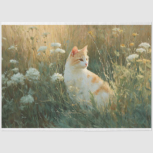 Whimsical Cat in einem Wildblumenfeld Decoupage Seidenpapier