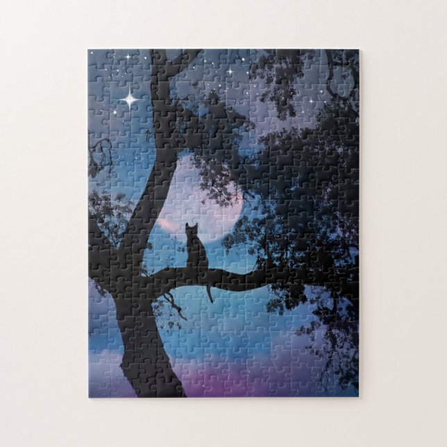 Whimsical Cat in Tree und Mond Puzzle (Vertikal)